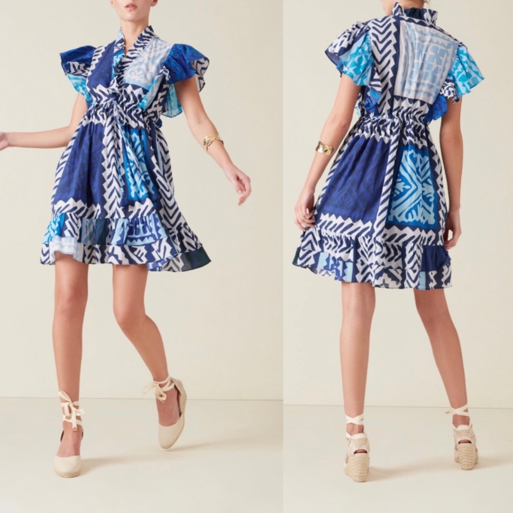 Figue Denissa Nwt Rare Ruffle Tassel Drawstring Abstract Print Mini Dress Summer